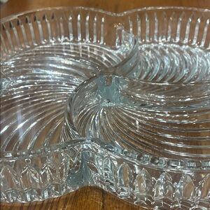 Mikasa Clear Glass Divided Serving Dish crystal swirl pattern 10 inches wide